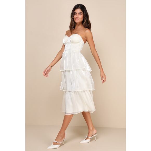 NWT Lulus Com-pleat-ly Charming Ivory Organza Tiered Strapless Midi Dress Sz M - Picture 6 of 7